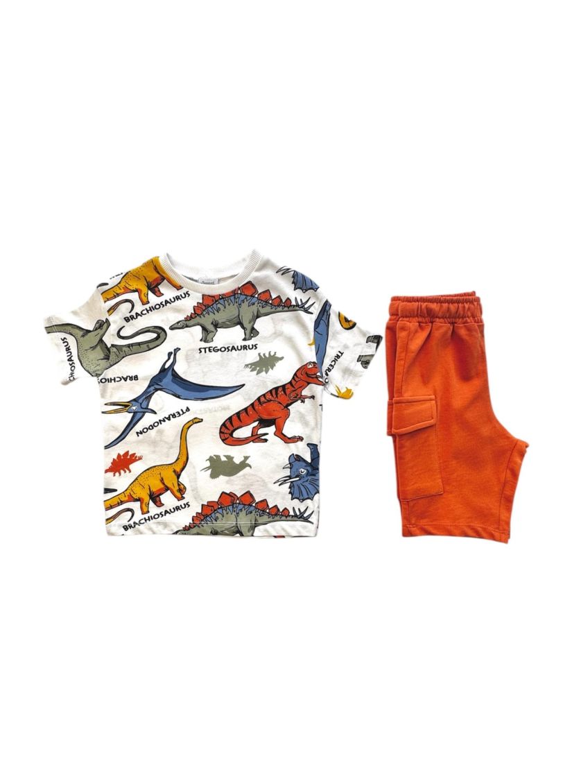 Σετ βαμβακερό μπλούζα με δεινόσαυρους και βερμούδα με τσέπη εκάι