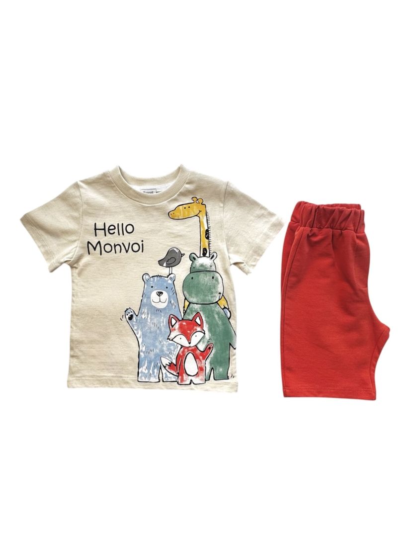 Σετ βαμβακερό μπλούζα με ζωάκια και βερμούδα εκάι