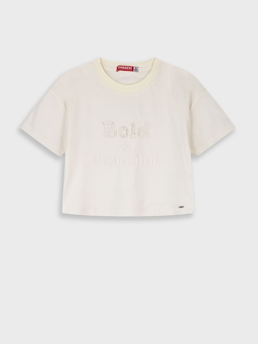 Μπλούζα μονόχρωμη με διάτρητα γράμματα εκρού