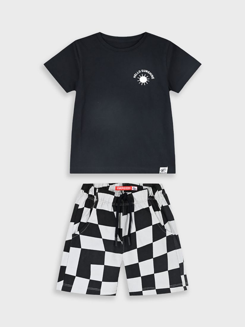 Σετ μπλούζα με print hello sunshine και καρώ βερμούδα μαύρο