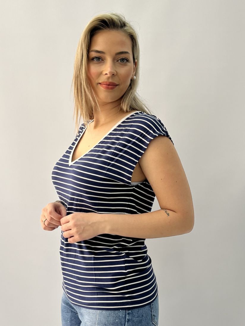 Μπλούζα αμάνικη ριγέ με V μπλε