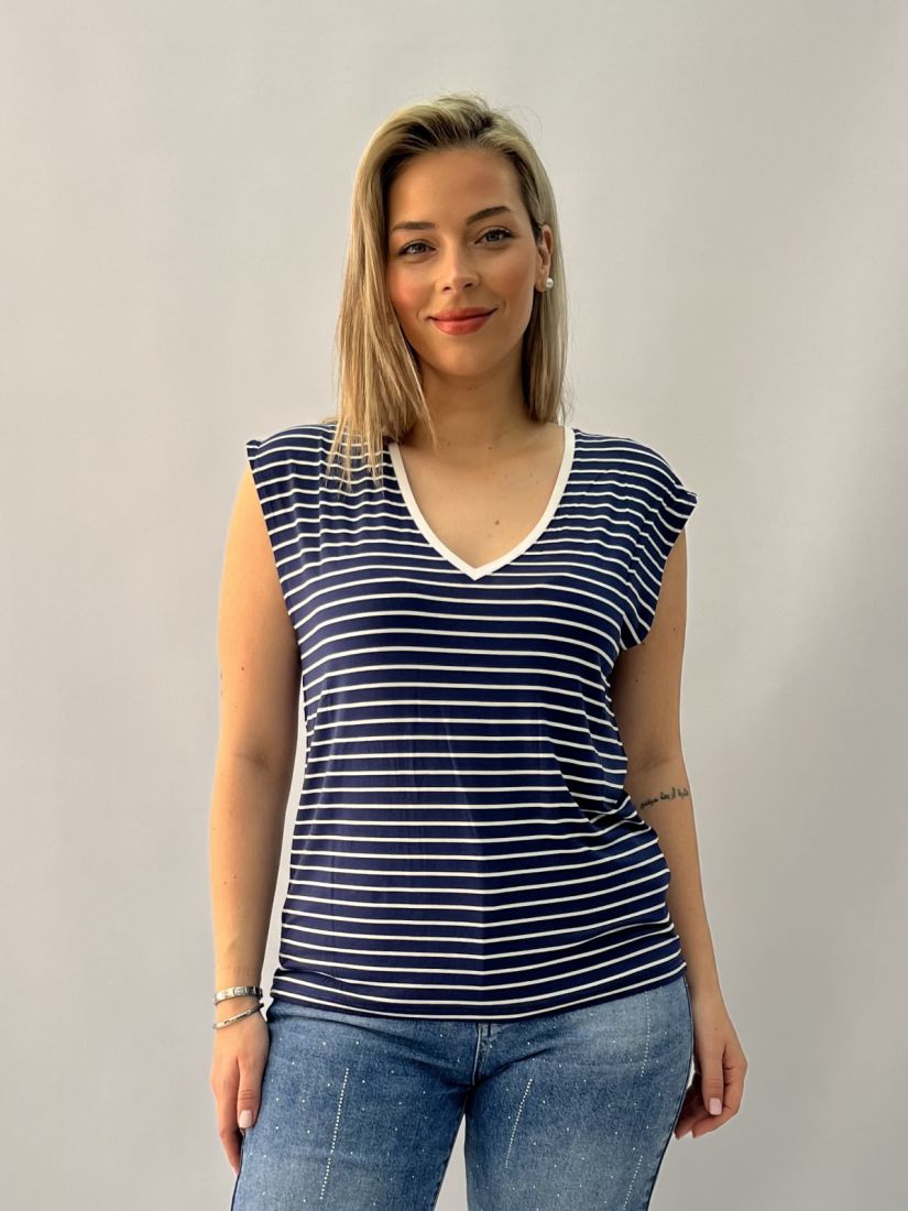 Μπλούζα αμάνικη ριγέ με V μπλε