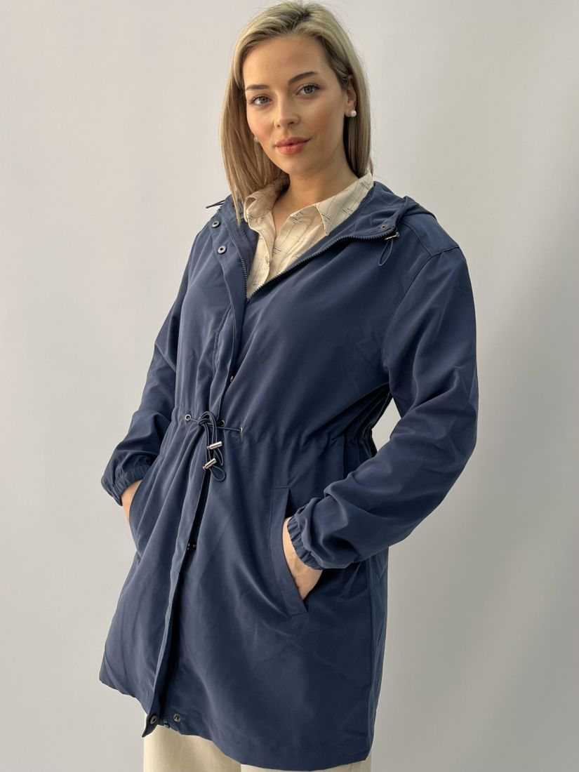 Τζάκετ μακρύ με κουκούλα και λάστιχο στη μέση μπλε ραφ