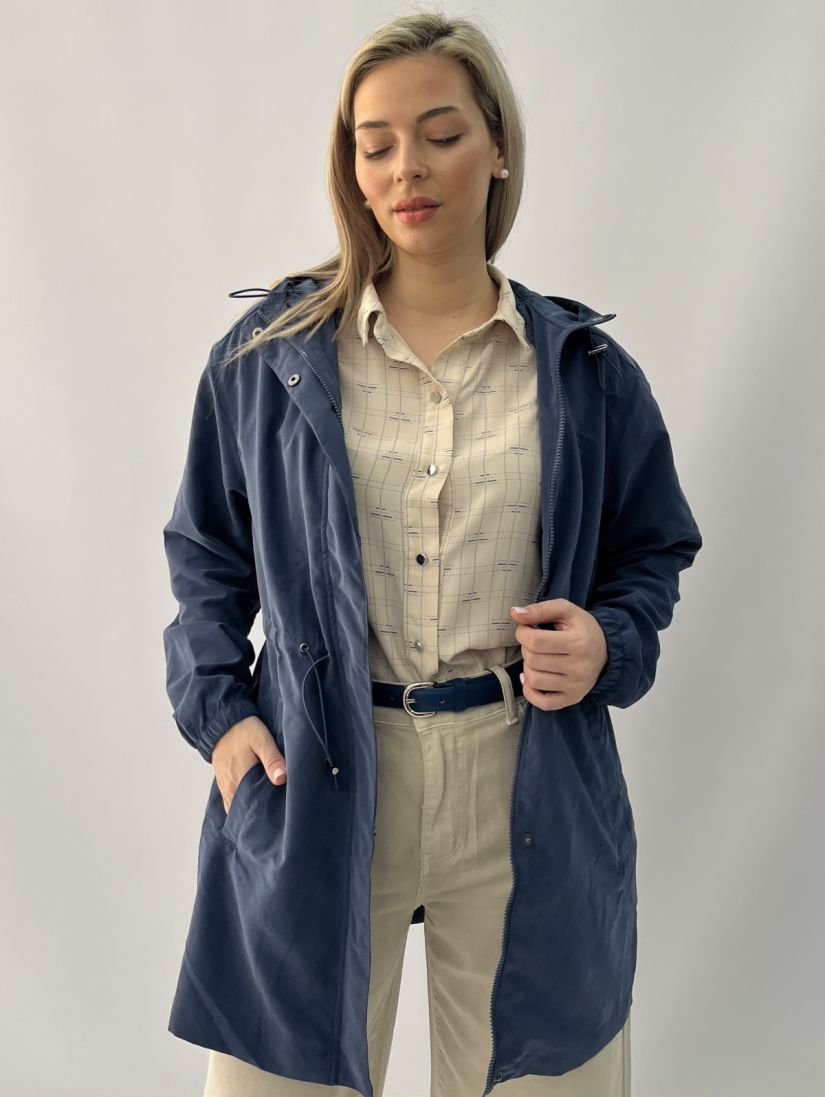 Τζάκετ μακρύ με κουκούλα και λάστιχο στη μέση μπλε ραφ