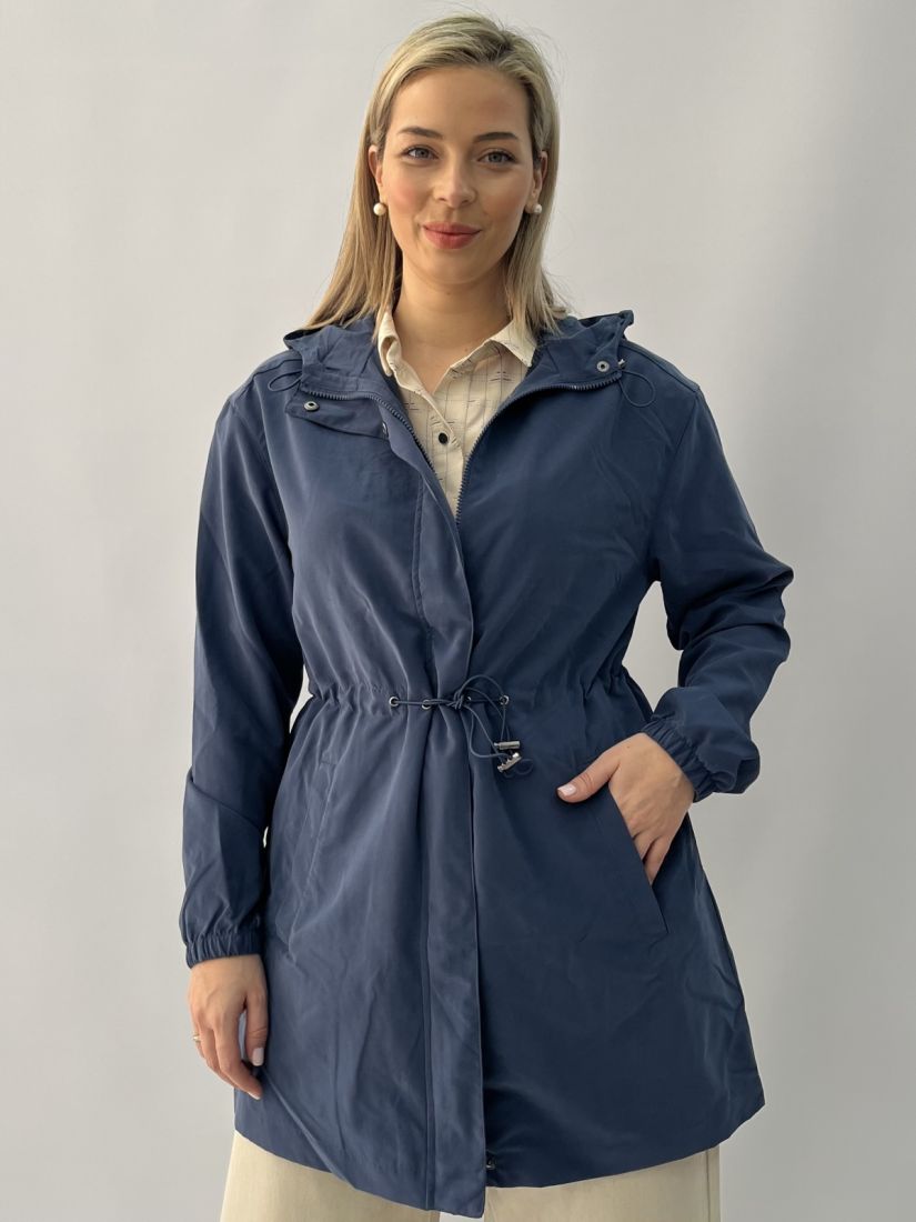 Τζάκετ μακρύ με κουκούλα και λάστιχο στη μέση μπλε ραφ