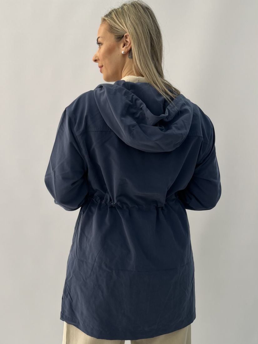 Τζάκετ μακρύ με κουκούλα και λάστιχο στη μέση μπλε ραφ
