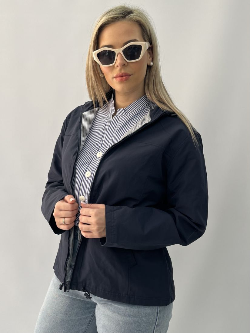 Μπουφάν αδιάβροχο κοντό με κουκούλα και τσέπες μπλε