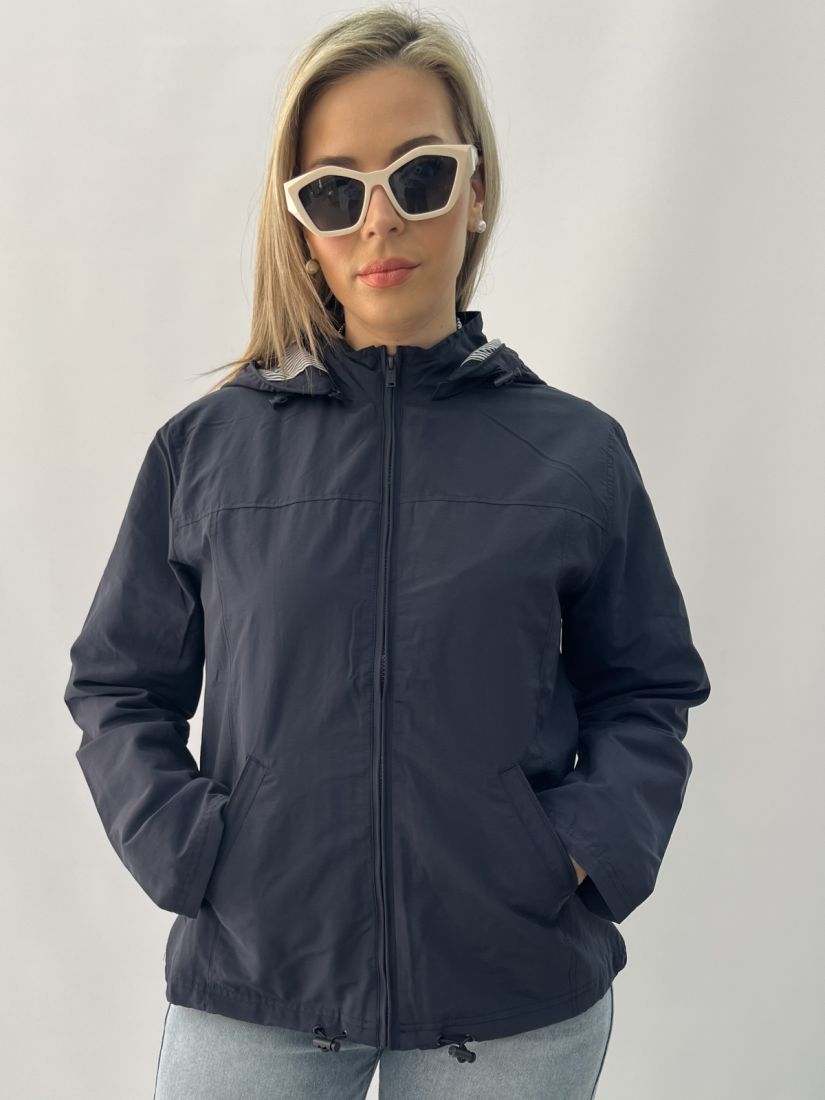 Μπουφάν αδιάβροχο κοντό με κουκούλα και τσέπες μπλε