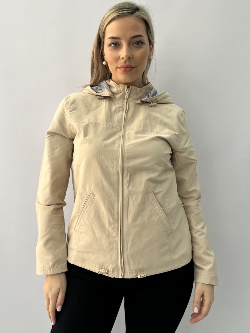 Μπουφάν αδιάβροχο κοντό με κουκούλα και τσέπες μπεζ