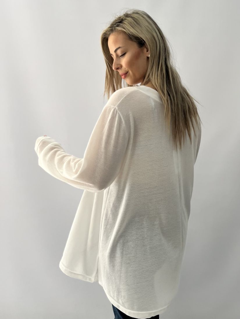 Μπλούζα oversized λεπτή πλεκτή με φάσα στο V λευκό