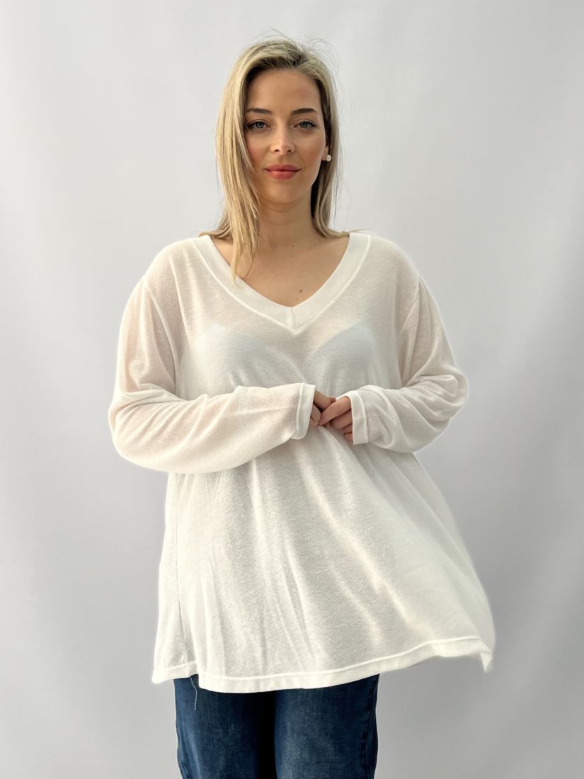 Μπλούζα oversized λεπτή πλεκτή με φάσα στο V λευκό