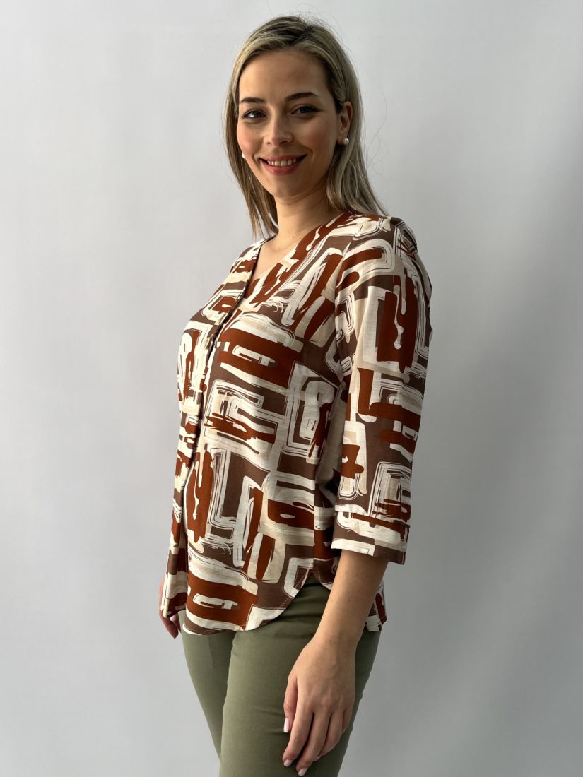 Μπλούζα εμπριμέ με V και 3/4 μανίκι εκάι