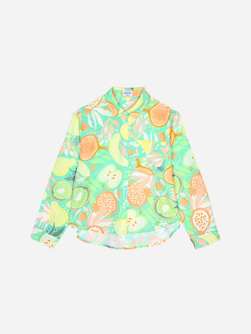 Πουκάμισο λινό με print summer fruits και κουμπάκια στα μανίκια peach