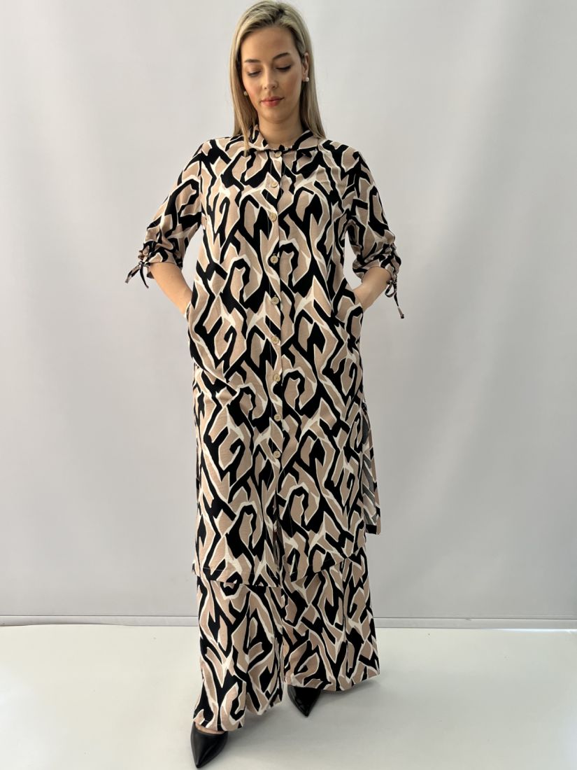 Σετ εμπριμέ με τουνίκ - φόρεμα και παντελόνα μπεζ