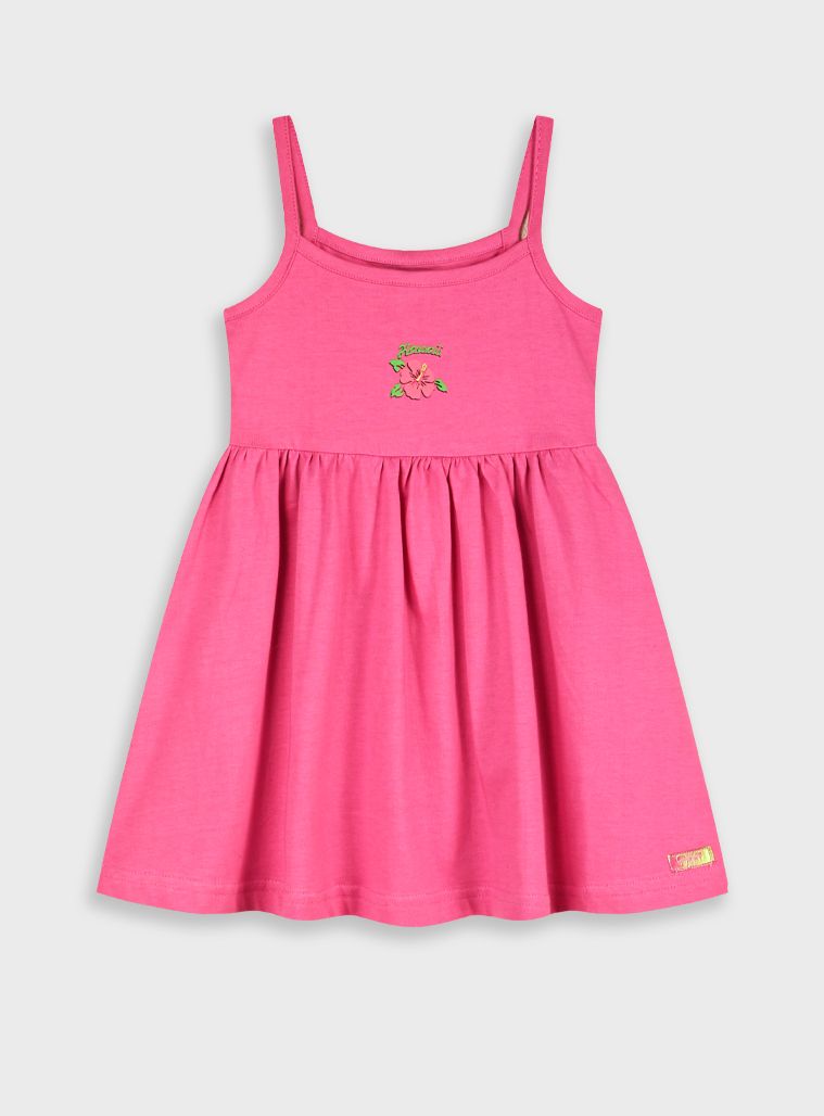 Φόρεμα μονόχρωμο τιράντα και print Hawaii ροζ