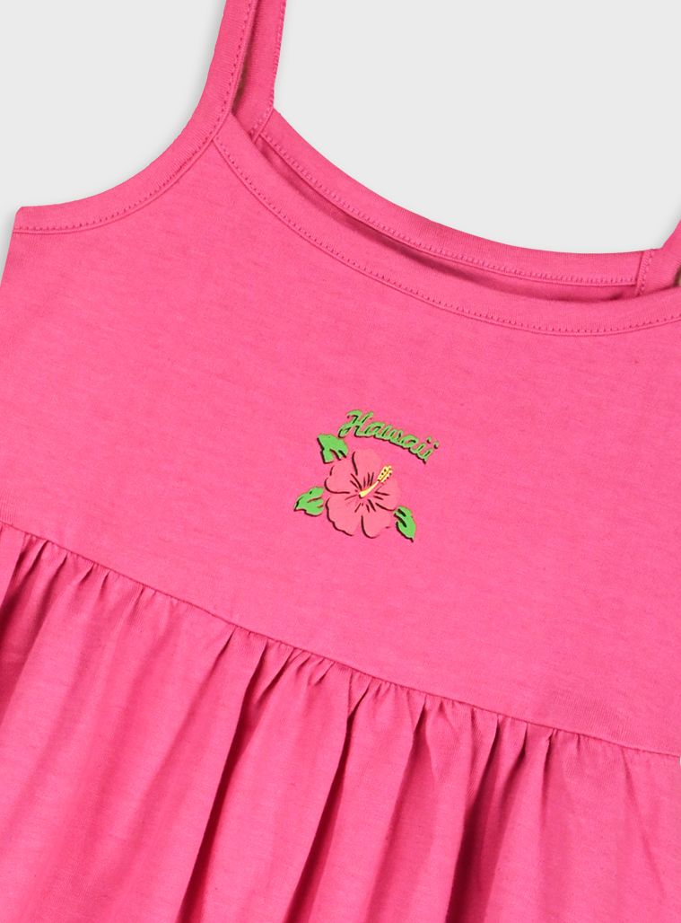 Φόρεμα μονόχρωμο τιράντα και print Hawaii ροζ
