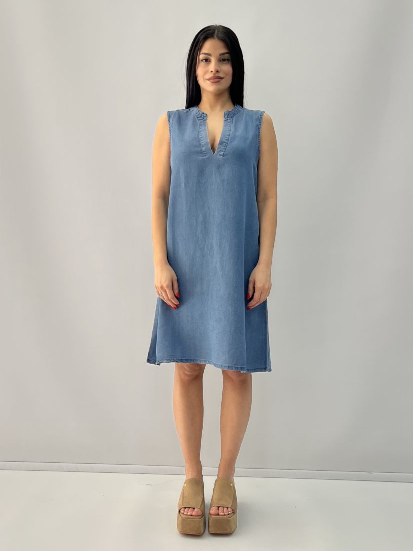 Φόρεμα κοντό denim αμάνικο με άνοιγμα στο V μπλε
