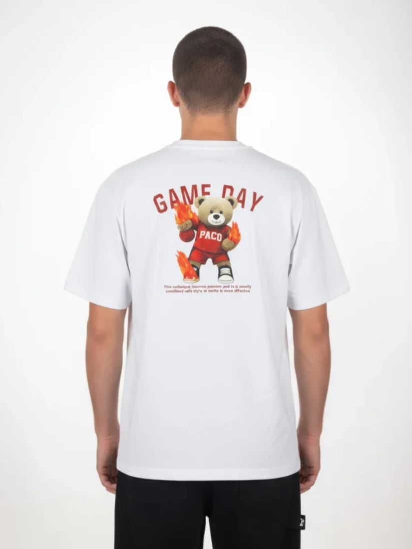 Μπλούζα oversized κοντομάνικη μονόχρωμη με print Teddy on fire λευκό