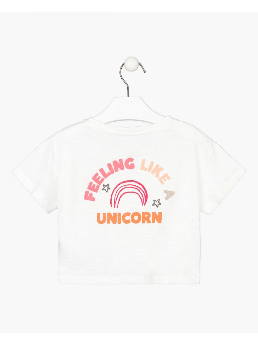 Μπλούζα κοντομάνικη κροπ με print unicorn cat λευκό