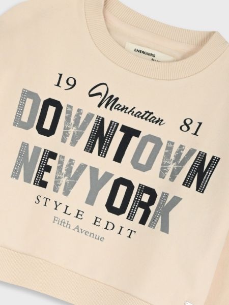 Μπλούζα φούτερ κροπ με glitter print ''Downtown New York'' εκρού