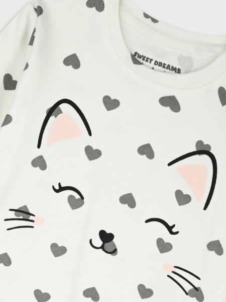 Πυτζάμα βαμβακερή με print cat in hearts εκρού