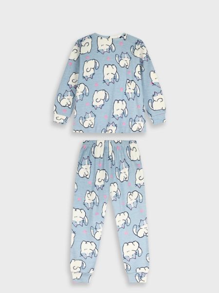 Πυτζάμα βαμβακερή με print kitties γαλάζιο