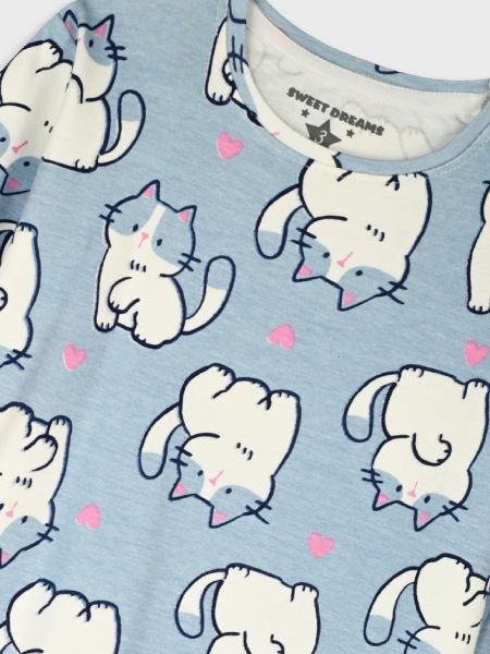 Πυτζάμα βαμβακερή με print kitties γαλάζιο