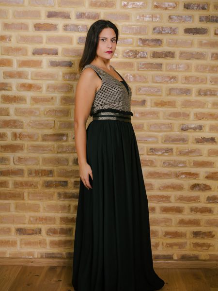 Φόρεμα μακρύ ελληνικής ραφής με μπούστο χρυσοκλωστή μαύρο