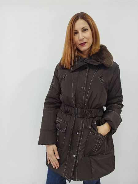  Μπουφάν μακρύ ελληνικής ραφής με ζώνη και τσέπες καφέ