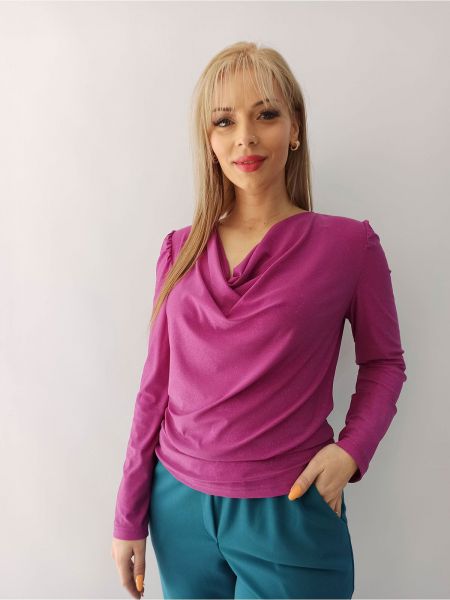 Μπλούζα μονόχρωμη με στρας και ντραπέ μπούστο ελληνικής ραφής φούξια