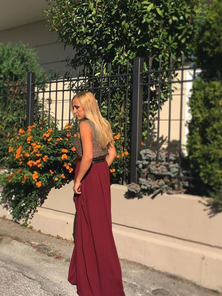 Φόρεμα μακρύ ελληνικής ραφής με μπούστο χρυσοκλωστή μπορντώ