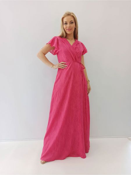 Φόρεμα κρουαζέ με δέσιμο στο πλάι και άνοιγμα ελληνικής ραφής φούξια