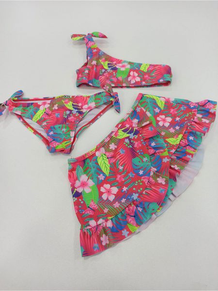 Μαγιό τριπλέτα μπικίνι με ένα ώμο και παρεό φλοράλ κοραλί