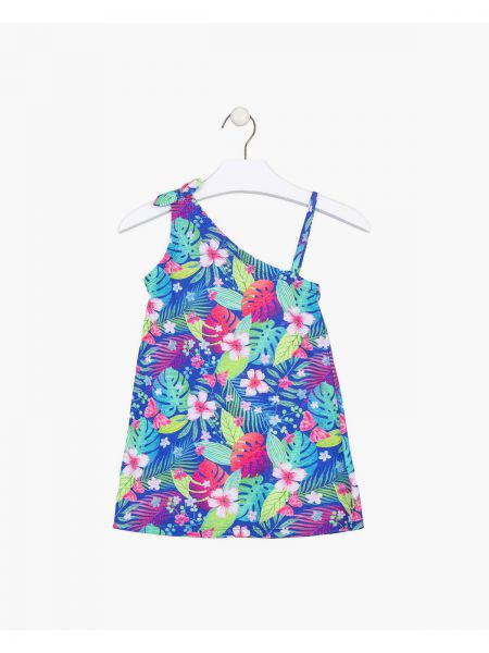 Φόρεμα εμπριμέ φλοράλ με ένα ώμο τιράντα και φιόγκο μπλε