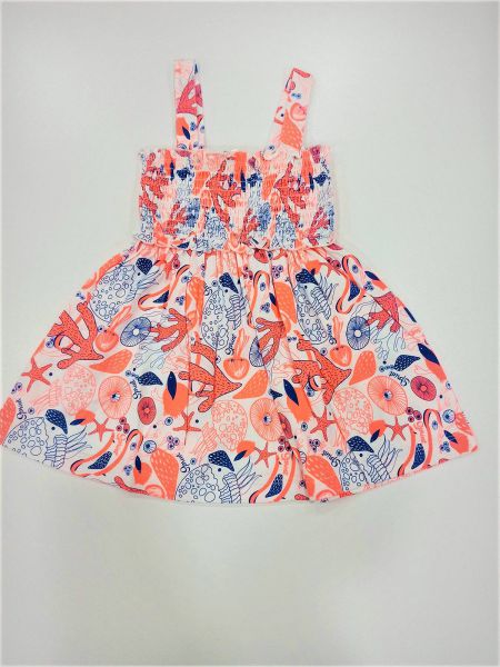 Φόρεμα φλούο με print βυθός ελληνικής ραφής κοραλί