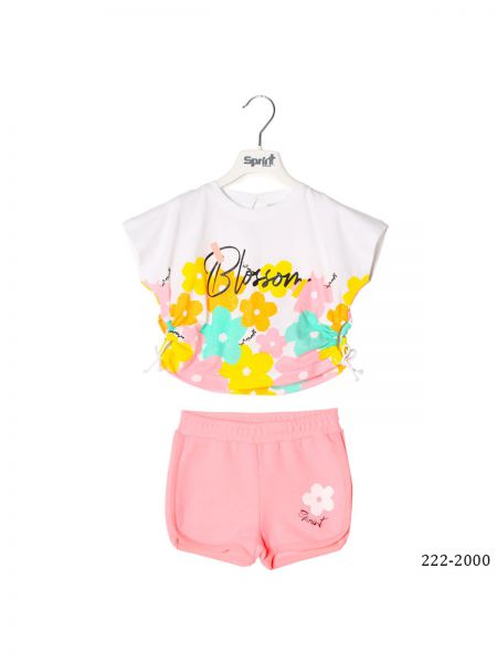 Σετ με φλοράλ κροπ τοπ με γκλίτερ και σορτς ελληνικής ραφής ροζ