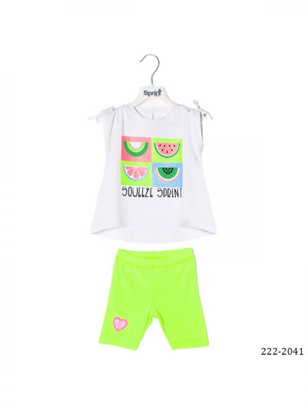 Σετ μπλούζα με γκλίτερ και print summer fruits και ποδηλατικό κολάν ελληνικής ραφής λάιμ