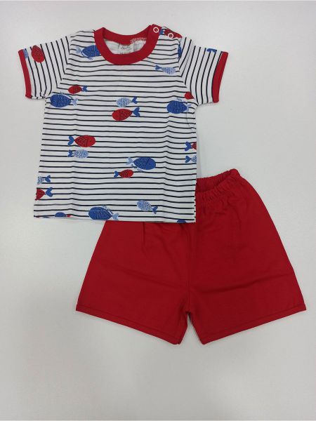 Σετ με print ψαράκια με μονόχρωμο σορτς ελληνικής ραφής κόκκινο