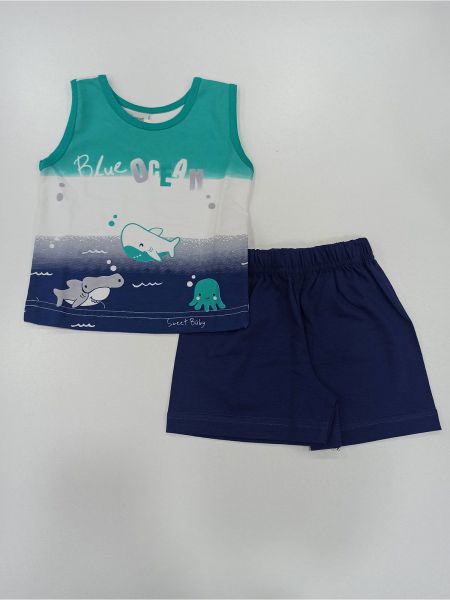 Σετ με print ωκεανός και μονόχρωμο σορτς ελληνικής ραφής μπλε