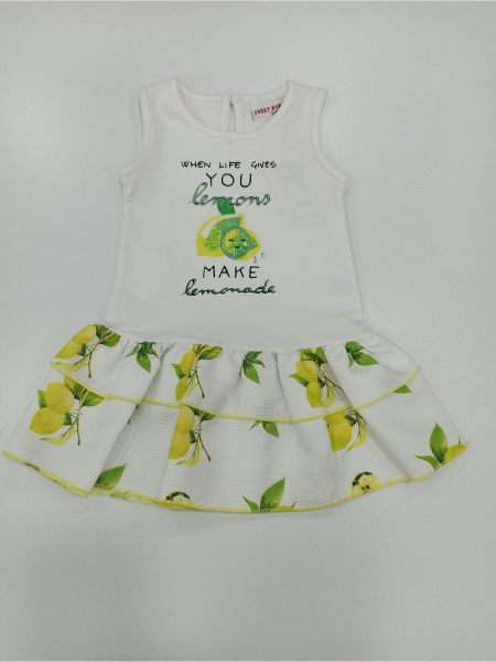 Φόρεμα με βολάν και print λεμονάκια ελληνικής ραφής λευκό