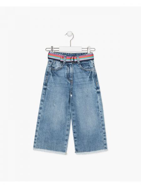 Παντελόνα τζιν ζιπ κιλότ με ξέφτια και ζώνη rainbow γαλάζιο