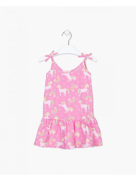 Φόρεμα τιράντα με βολάν και print μονόκεροι ροζ