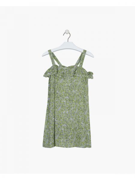 Φόρεμα με τιράντες εμπριμέ με βολάν πράσινο