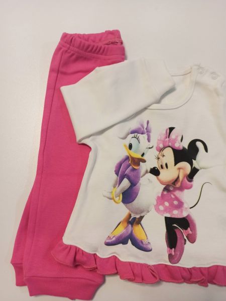 Πυτζάμα βρεφική με μονόχρωμο παντελόνι και βολάν print minnie φούξια