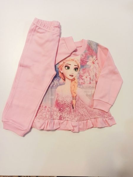 Πυτζάμα με μονόχρωμο παντελόνι βολάν και print Frozen ροζ