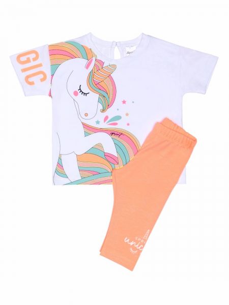 Σετ βαμβακερό με κροπ τοπ και κάπρι κολάν print unicorn με γλίτερ λεπτομέρειες ελληνικής ραφής κοραλί