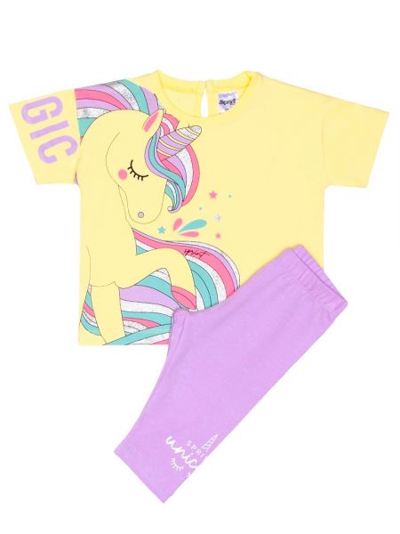 Σετ βαμβακερό με κροπ τοπ και κάπρι κολάν print unicorn με γλίτερ λεπτομέρειες ελληνικής ραφής λιλά