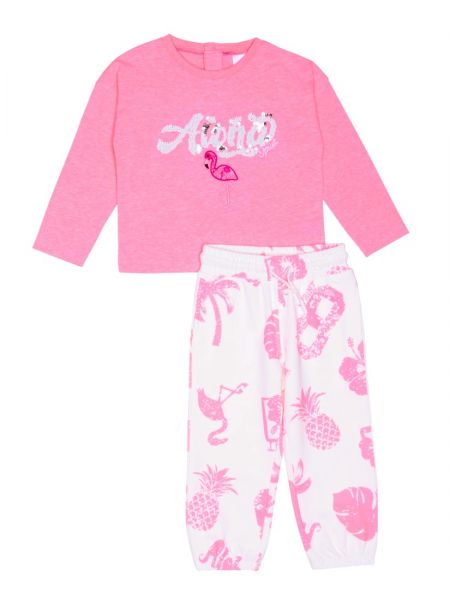 Σετ βαμβακερό με print flamingo και πούλιες ελληνικής ραφής ροζ