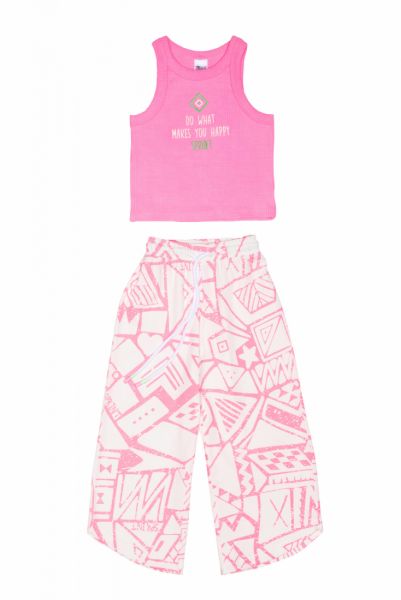 Σετ κροπ τοπ και παντελόνα με ethnic print ελληνικής ραφής ροζ