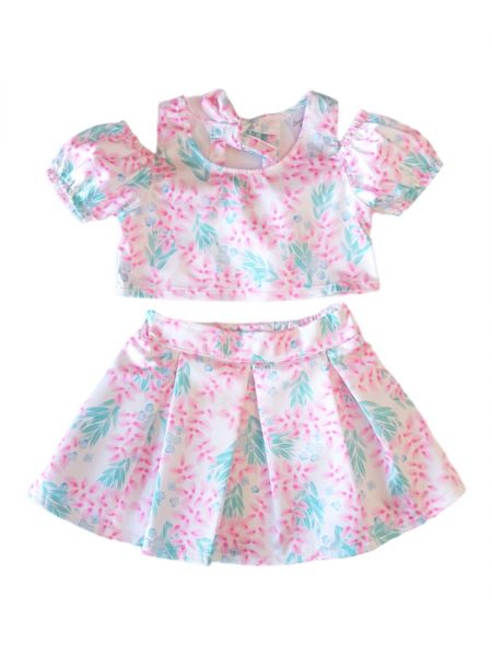 Σετ σατέν κροπ τοπ με έξω ώμους και φούστα φλοράλ ελληνικής ραφής βεραμάν